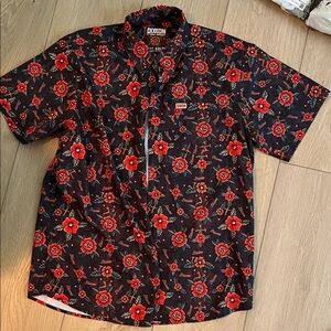 DIXXON Black Short-Sleeve Button-Up Shirt with Red Floral Print
